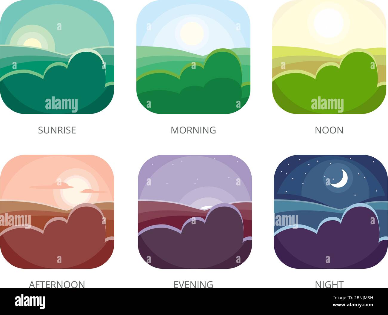 Visualizzazione di vari orari del giorno. Mattina, mezzogiorno e notte. Illustrazioni vettoriali di stile piatto Illustrazione Vettoriale