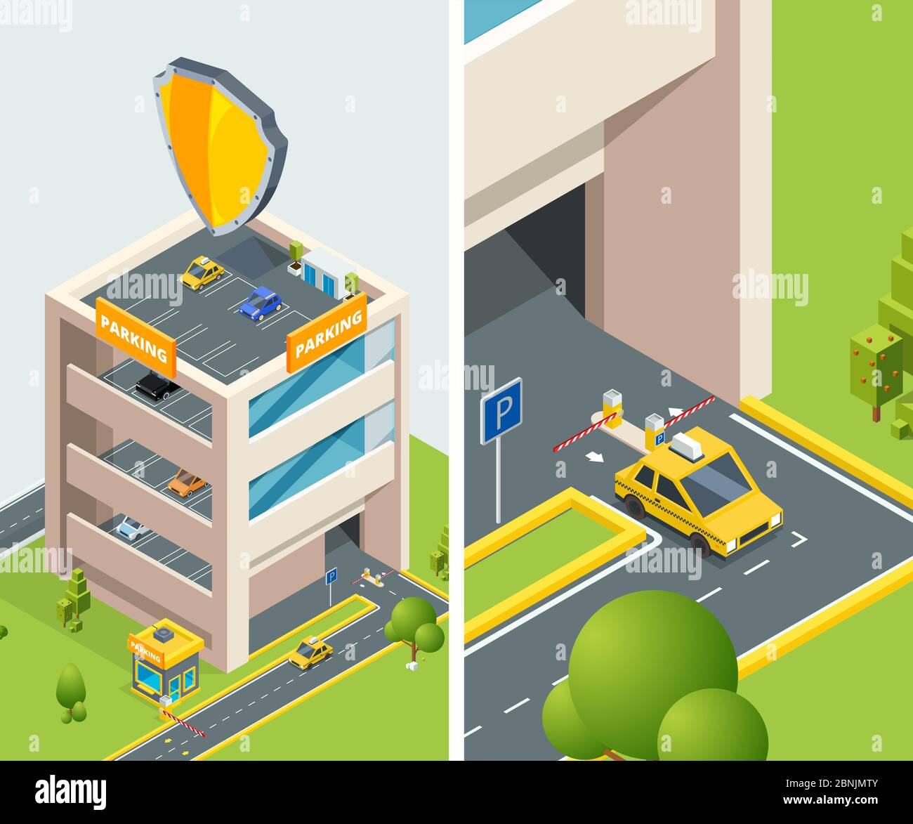 Sfondo illustrazione isometrica del parcheggio multilivello con diverse auto Illustrazione Vettoriale