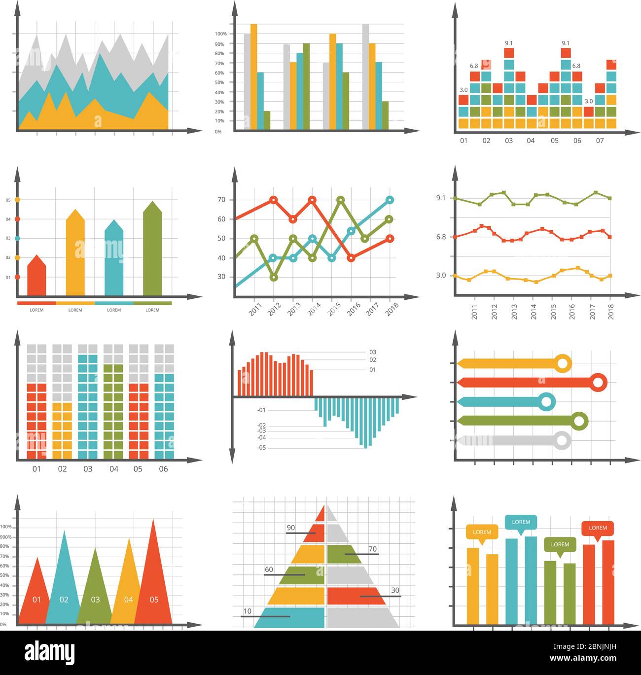 Simboli infografici. Insieme di grafici e diagrammi aziendali Illustrazione Vettoriale