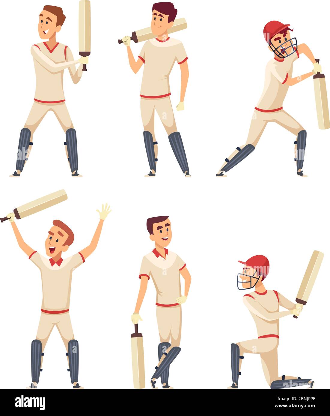 Cricket personaggi. Insieme di vari giocatori sportivi in azione pose Illustrazione Vettoriale