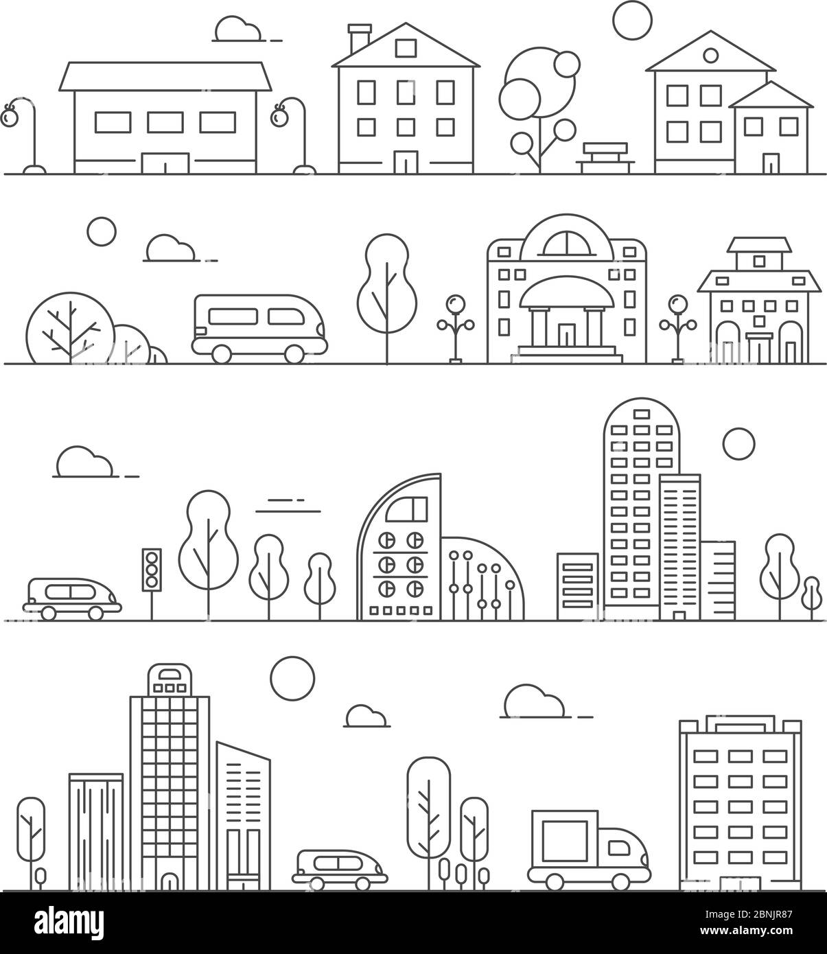 Linee di paesaggi urbani. Insieme di vari edifici cittadini Illustrazione Vettoriale