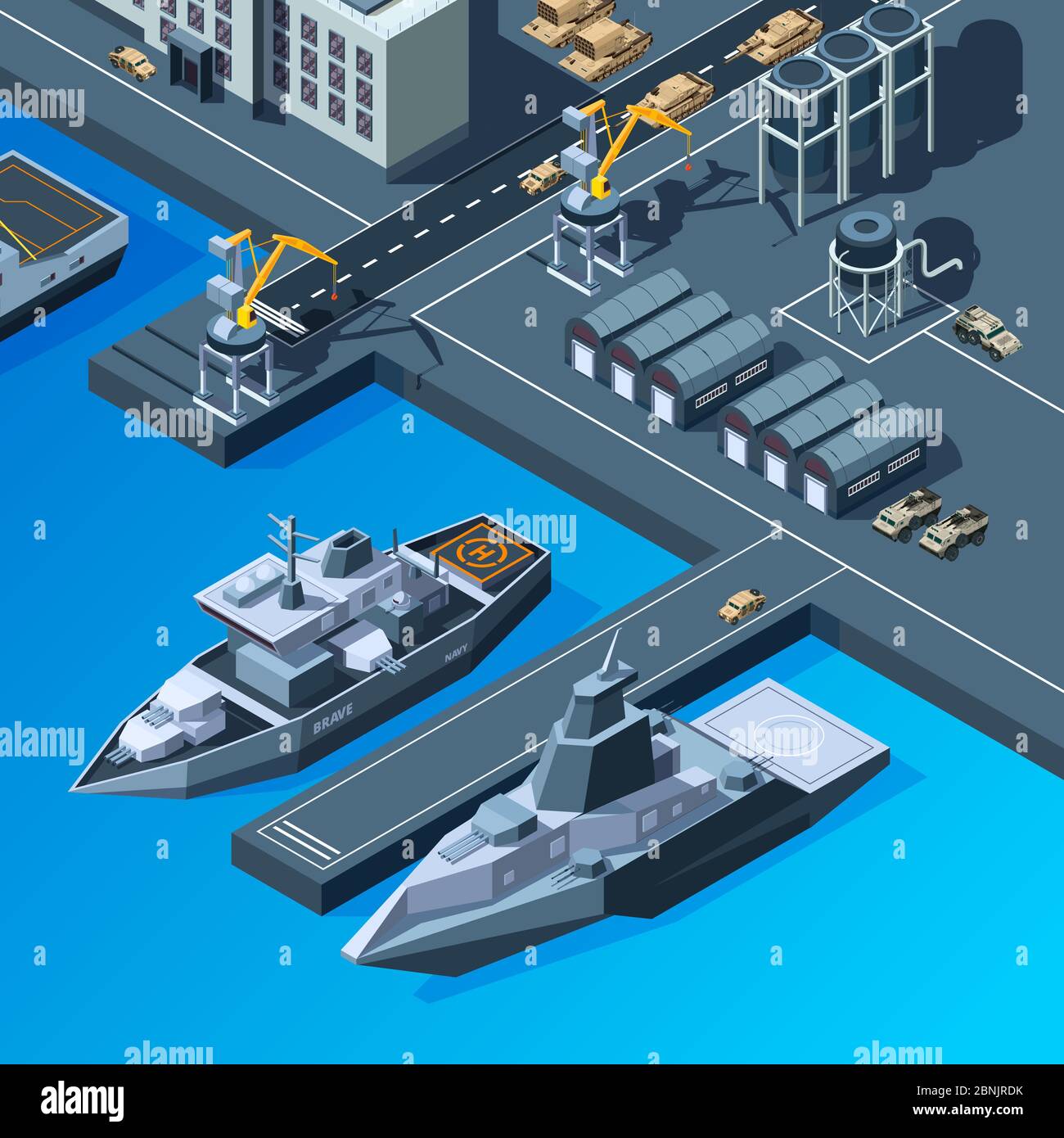 Navi da guerra sul molo. Set di immagini isometriche navy americane Illustrazione Vettoriale