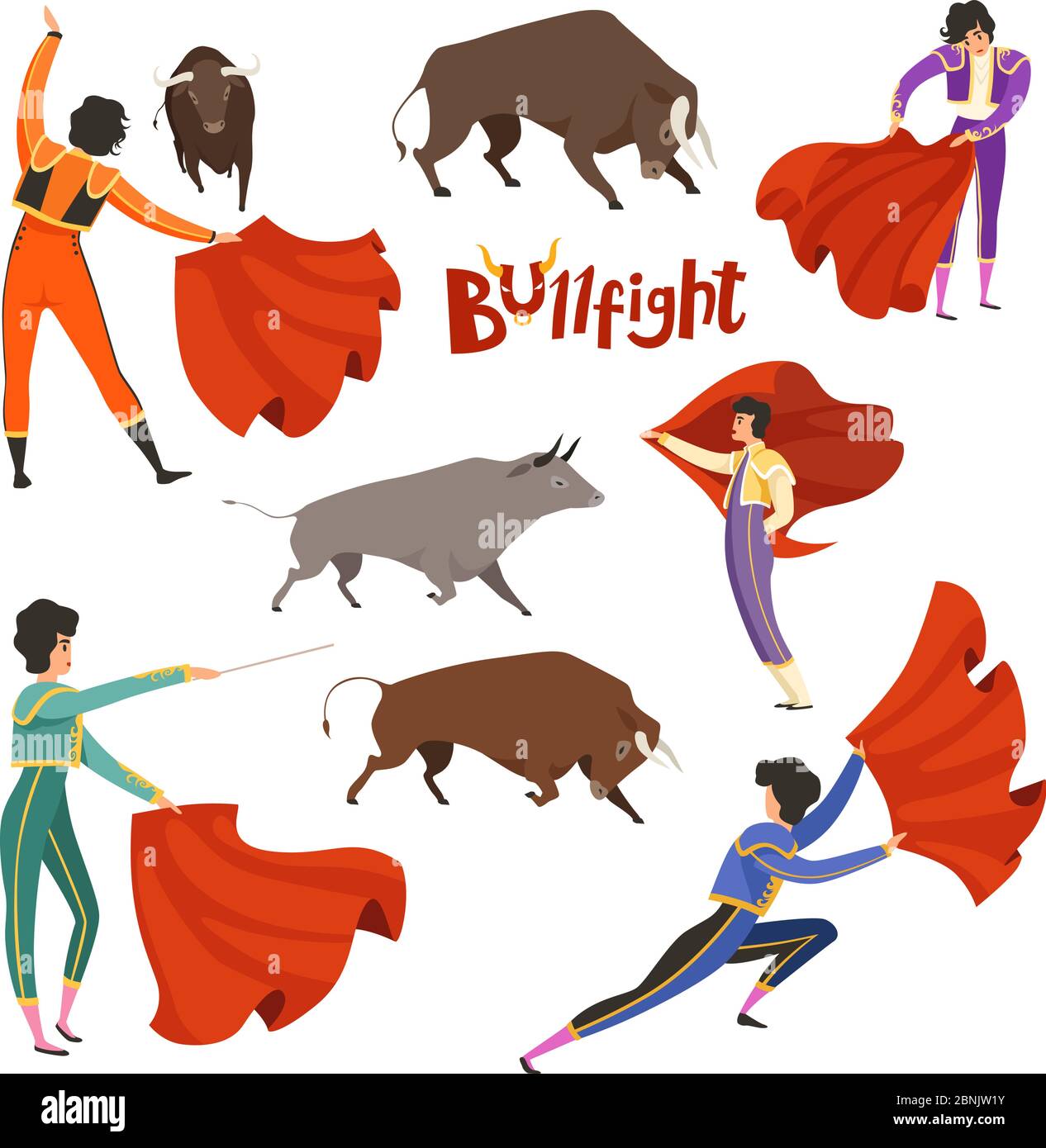 Corrida corrida corrida. Illustrazione vettoriale di matador e toro in varie pose dinamiche Illustrazione Vettoriale
