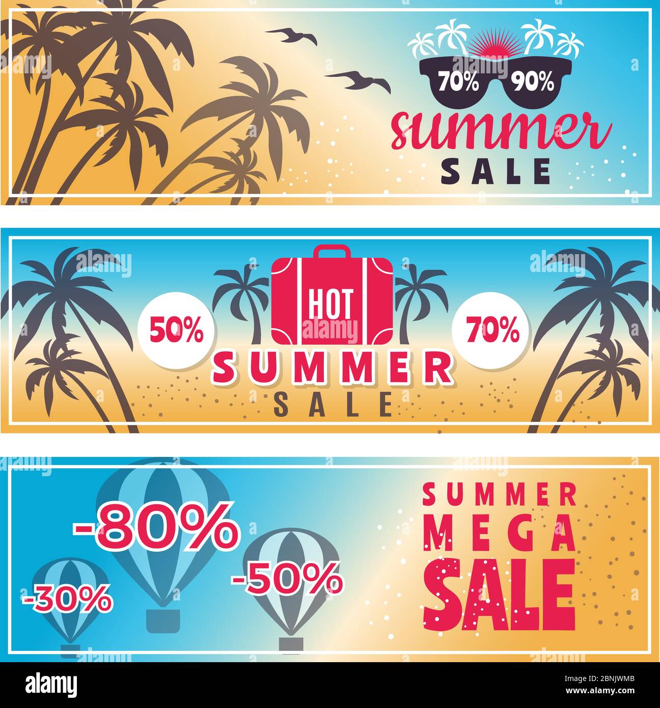 Banner di vendita estiva. Banner pubblicitari orizzontali con palme Illustrazione Vettoriale