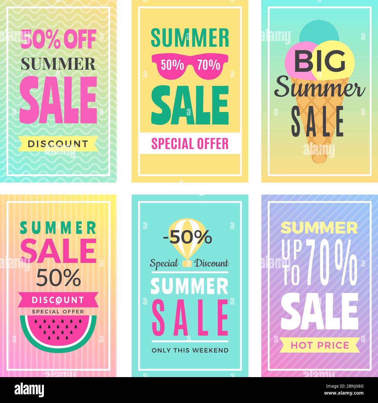 Schede di vendita estive. Modello di progettazione di varie schede vettoriali isolato Illustrazione Vettoriale