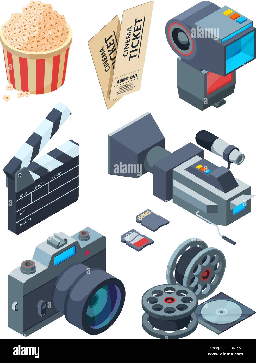 Videocamere isometriche. Strumenti per la produzione video Illustrazione Vettoriale