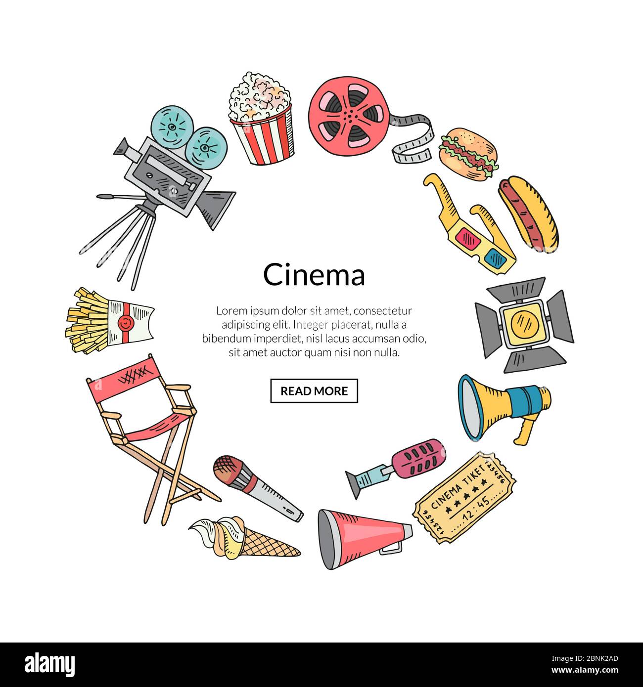 Icone di doodle del cinema vettoriale in forma circolare Illustrazione Vettoriale