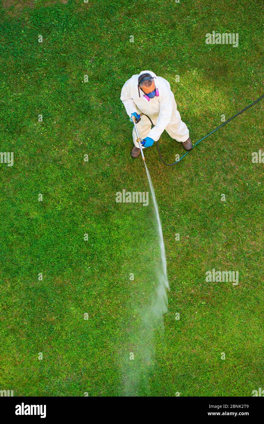 Lavoratore che spruzza insetticida Foto Stock