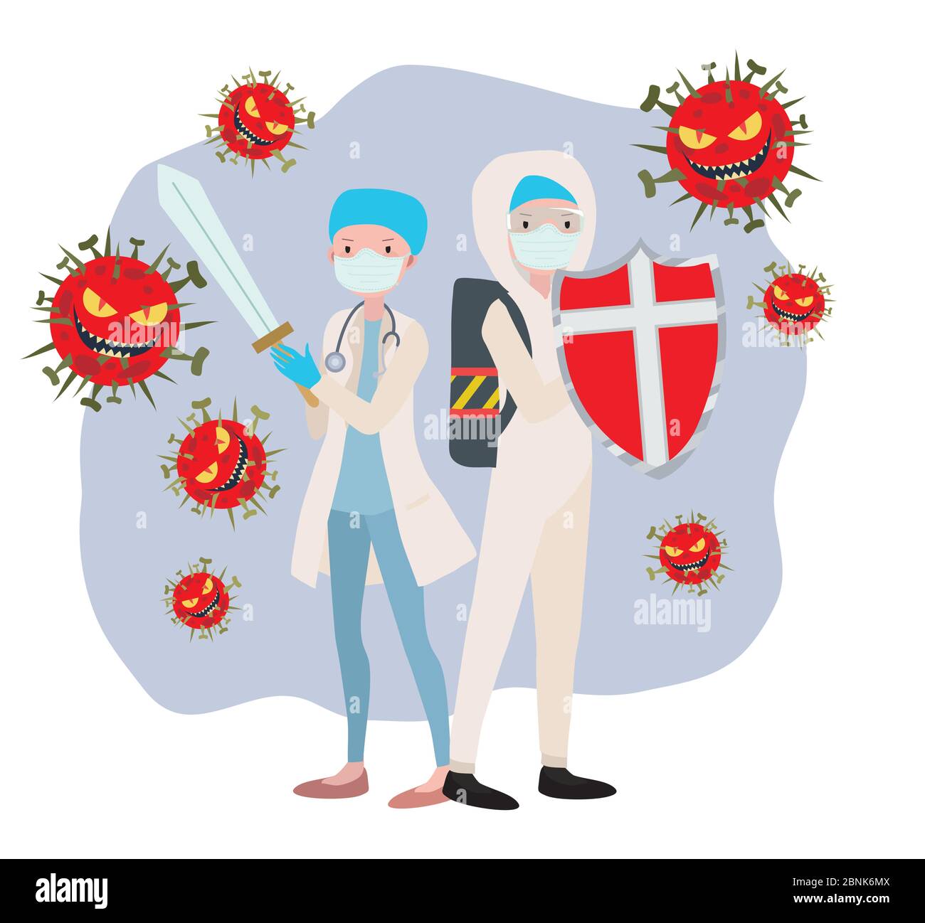 Banner virus corona combattendo medici stilizzato virus schizzo Illustrazione Vettoriale
