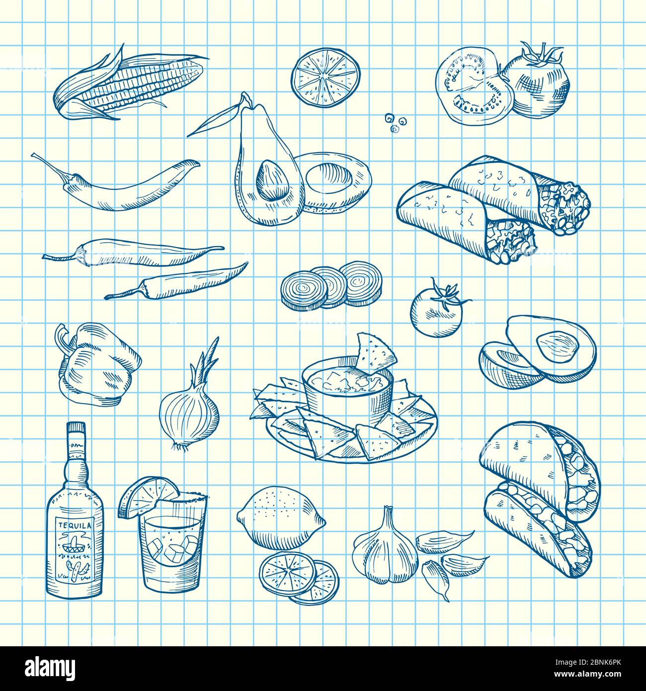 Vettore abbozzato elementi di cibo messicano sfondo set Illustrazione Vettoriale