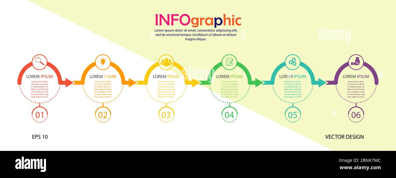 Infografica. Modello vettoriale di stock a sei stadi. Per la progettazione di pagine Web, grafici, grafici, business plan e finanza, reporting e Visual aid. Desi piatti Illustrazione Vettoriale