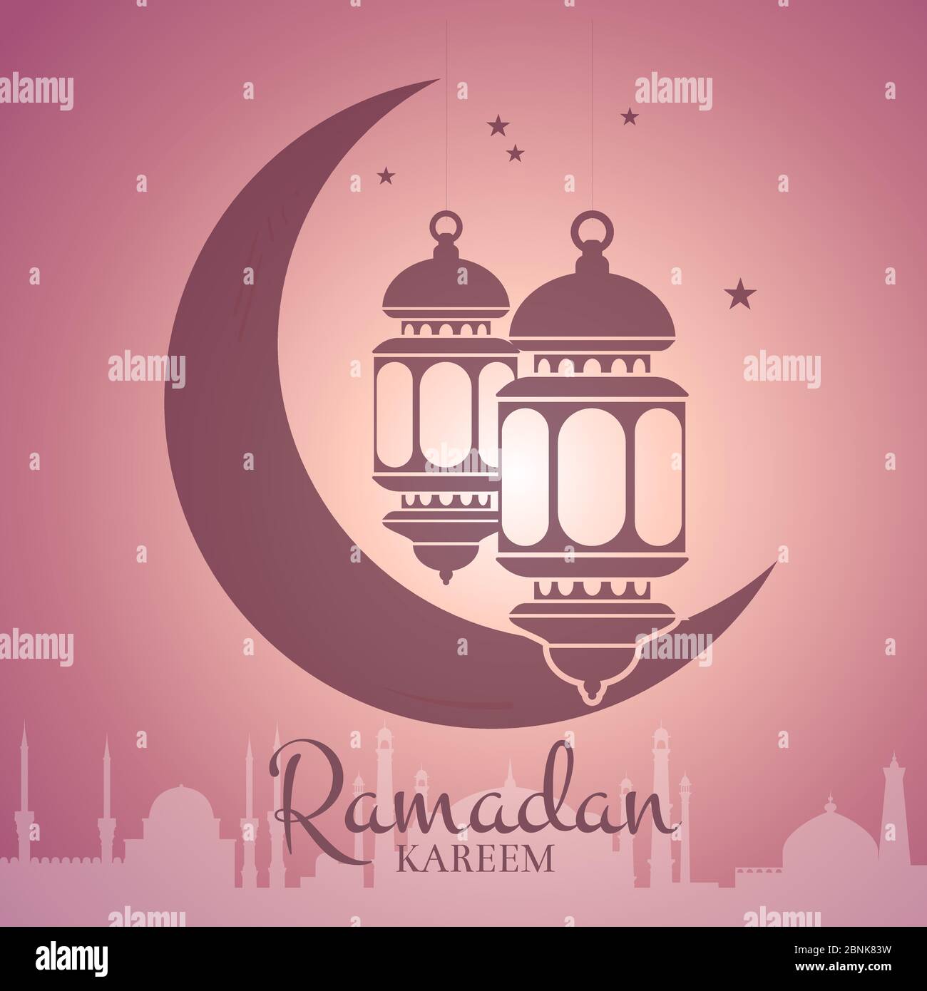 Illustrazione di Vector Ramadan con lanterne intorno alla luna con silhouette arabica della città Illustrazione Vettoriale