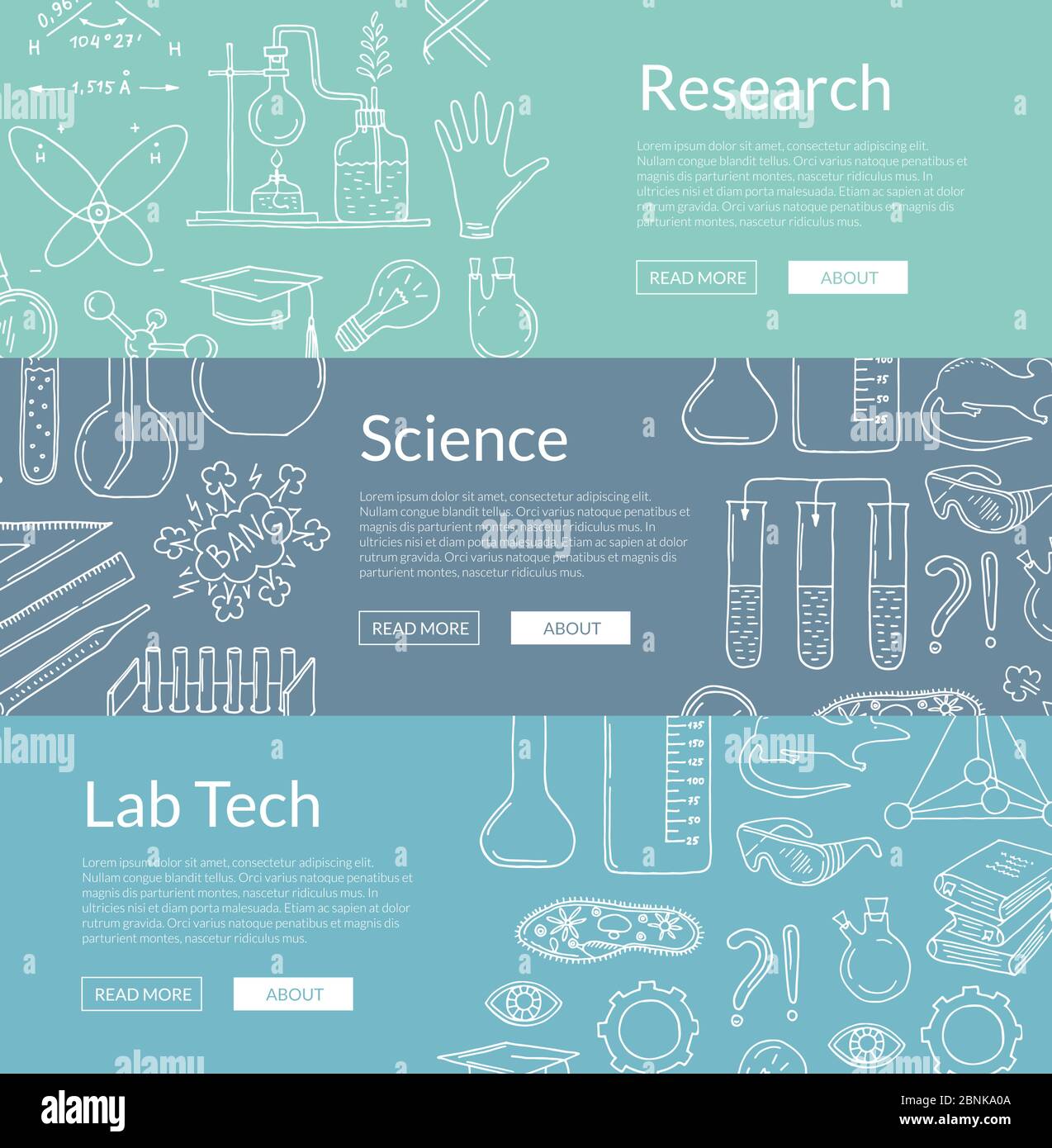 Modelli di banner Web vettoriali con elementi scientifici disegnati a mano Illustrazione Vettoriale