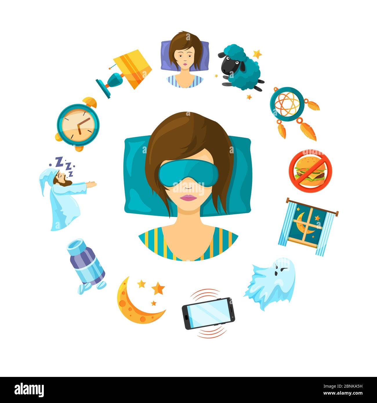 Illustrazione del concetto vettoriale con elementi del sonno cartoon intorno alla persona che dorme la donna Illustrazione Vettoriale