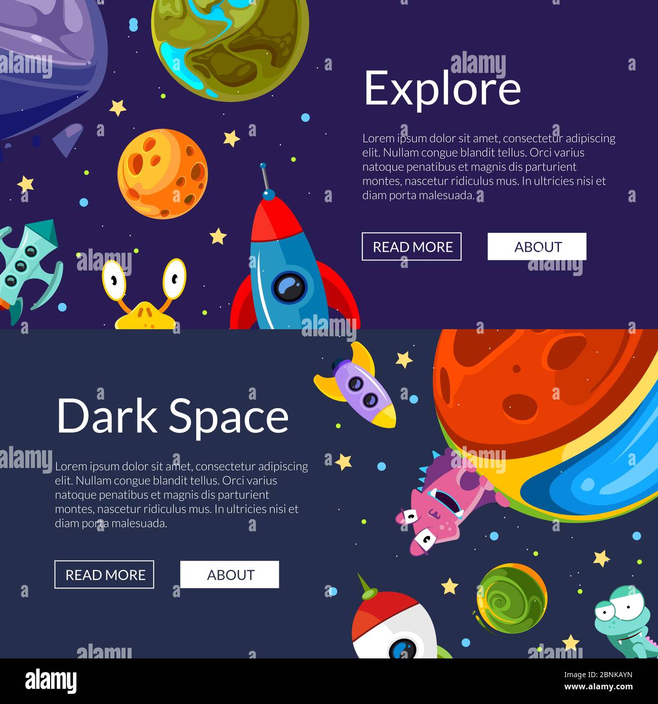 Grafica di banner web vettoriali con pianeti spazio cartoon e navi Illustrazione Vettoriale