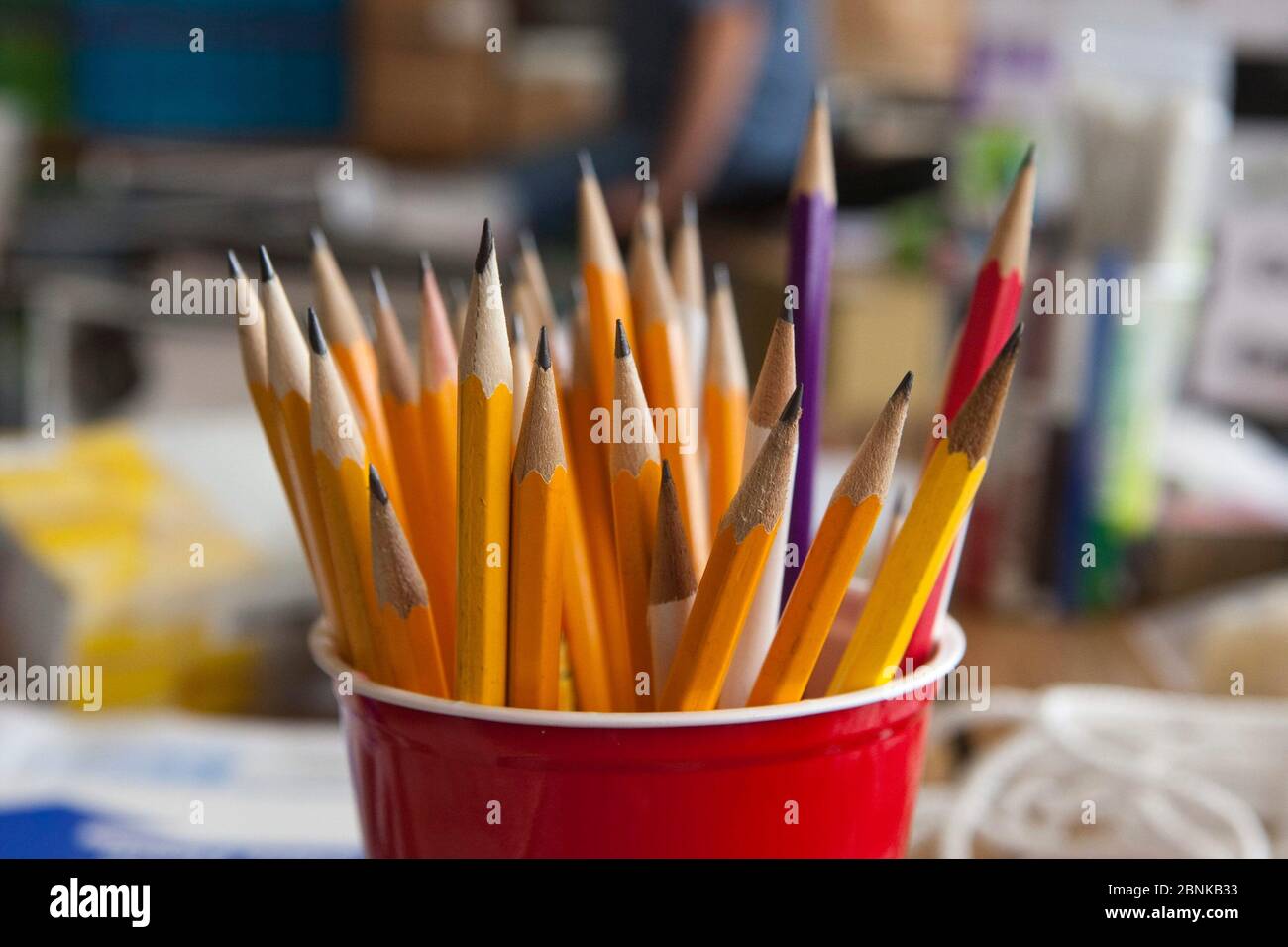 Coppa di plastica rossa piena di matite di legno affilate. ©Marjorie Kamys Cotera/Daemmrich Photography Foto Stock