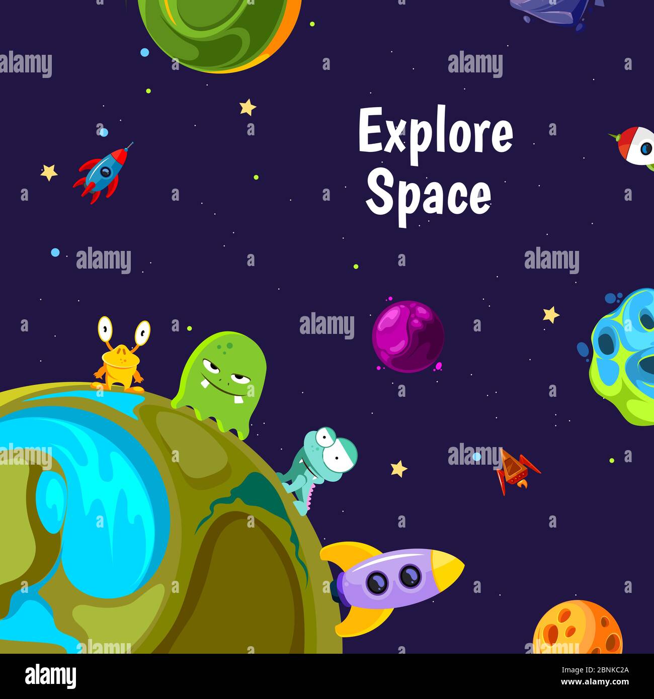 Sfondo vettoriale con pianeti spazio cartoon e navi Illustrazione Vettoriale