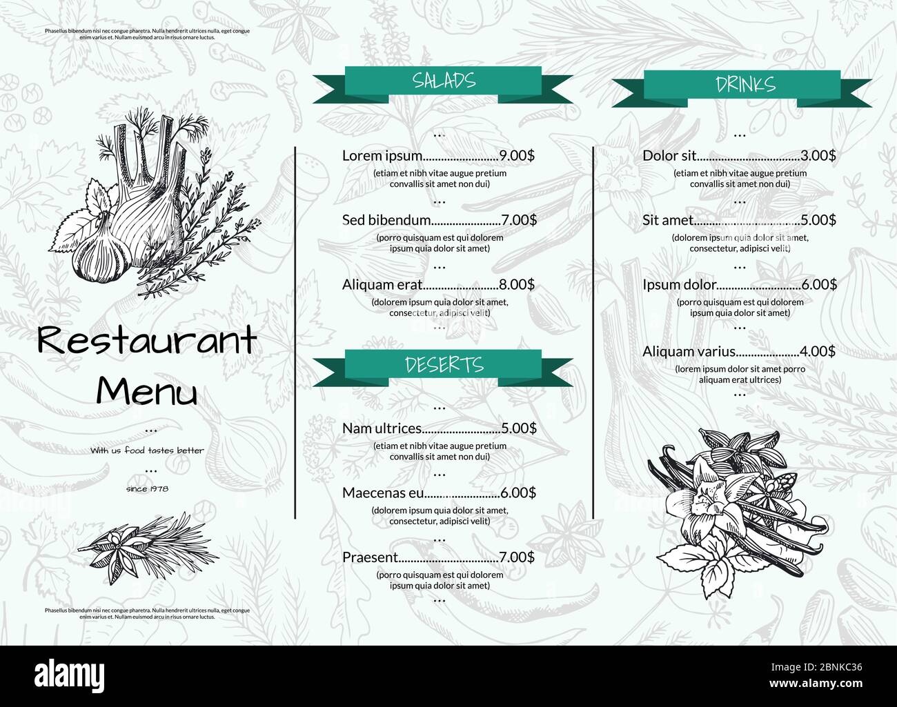Modello del menu del ristorante o del caffè orizzontale Vector con illustrazione delle erbe e delle spezie disegnate a mano Illustrazione Vettoriale