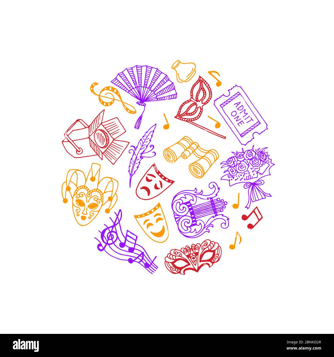 Elementi del teatro di doodle vettoriali nell'illustrazione circolare Illustrazione Vettoriale