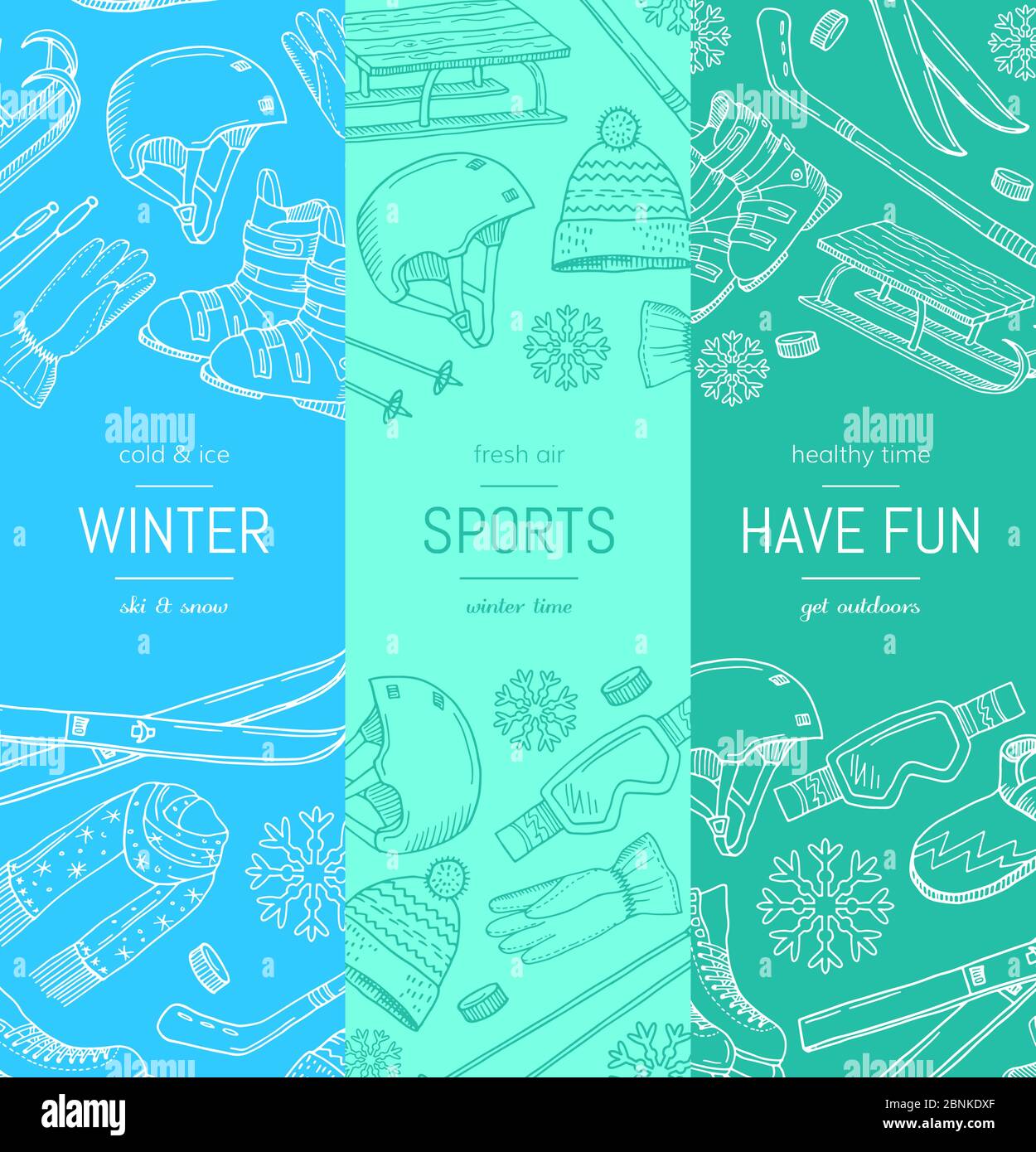 Vettoriale attrezzatura sportiva invernale disegnata a mano e attributi modelli di banner verticali Illustrazione Vettoriale