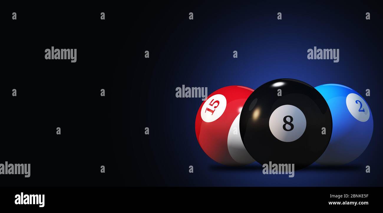 Primo piano di palline da biliardo rosse nere e blu con sfondo blu scuro. Foto Stock