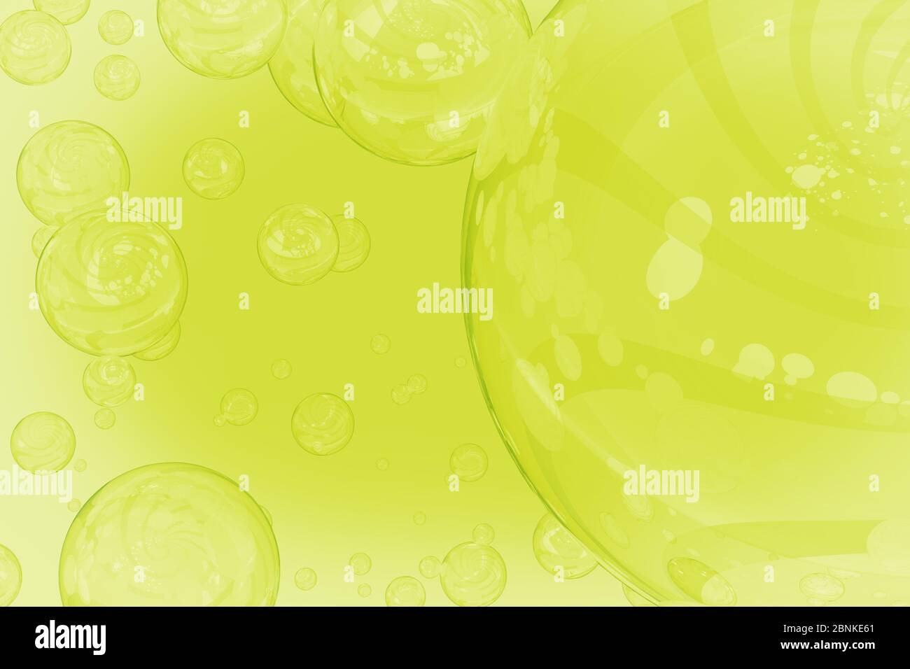 Carta da parati verde chiaro di diverse dimensioni di bolle circolari riflettenti luce solare. Foto Stock