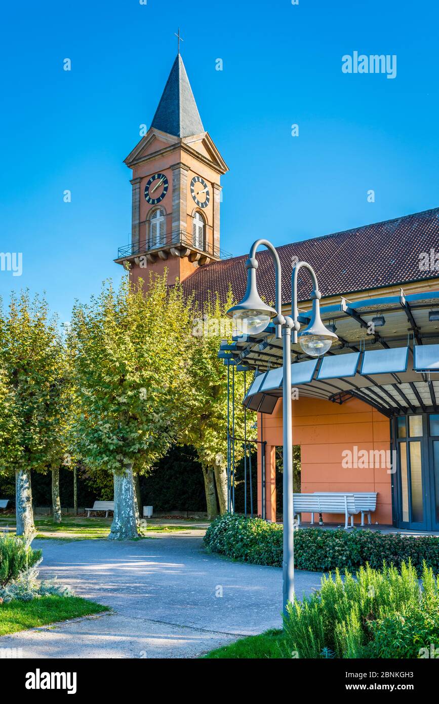 Ludwig chiesa Bad Dürkheim, nel Kurpark di nuova progettazione, parco con piante esotiche, Foto Stock