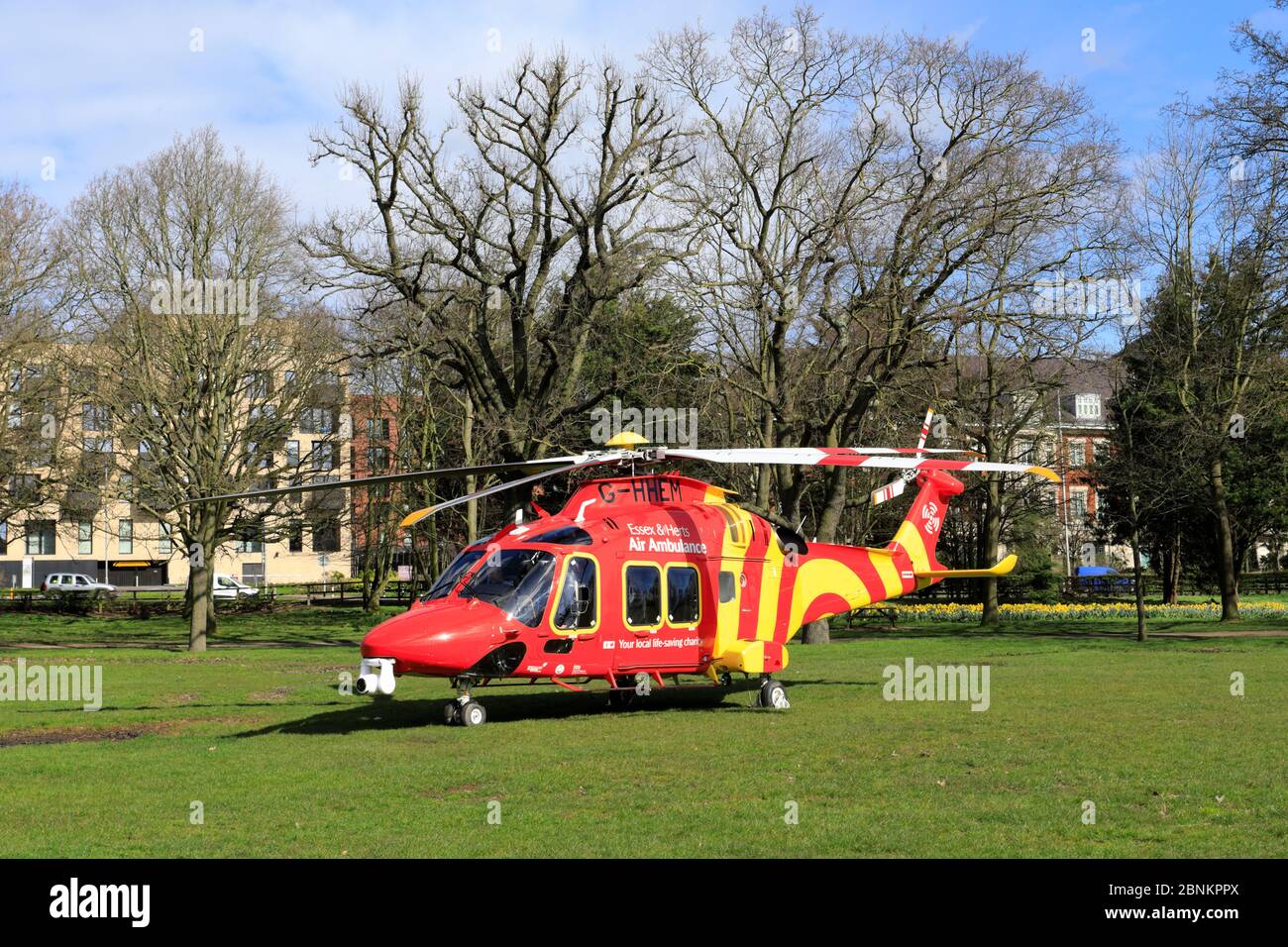 The Essex and Herts Air Ambulance in Central Park, Chelmsford City, Essex County, Inghilterra, UK Foto Stock