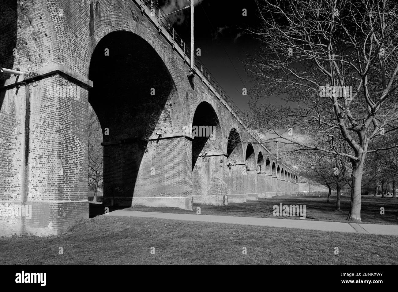 Il viadotto ferroviario in Central Park, Chelmsford City, Essex County, Inghilterra, Regno Unito Foto Stock