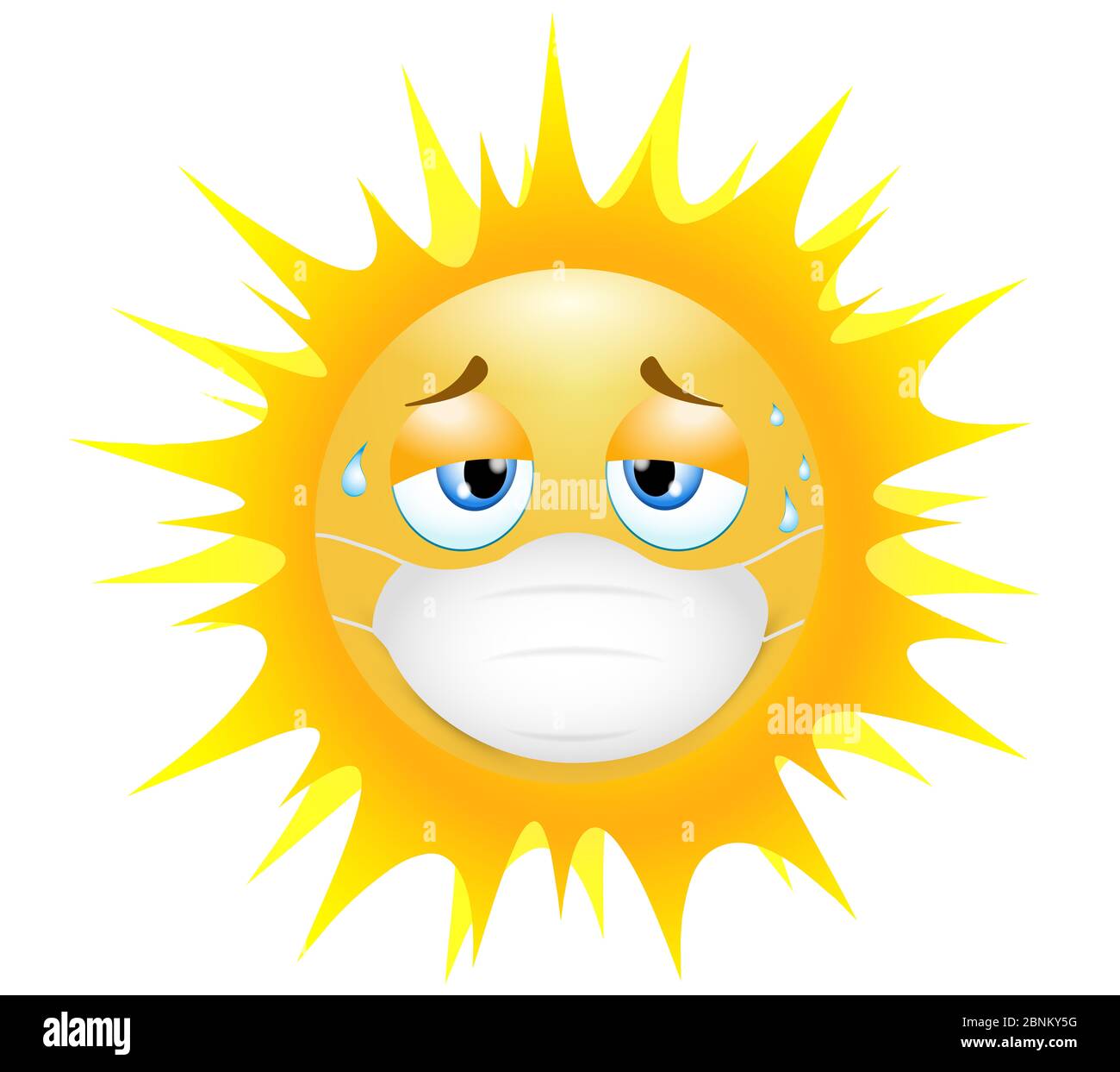 Emoji emoticon sole. Concetto di stanchezza nell'indossare la maschera medica nel calore di solfora. illustrazione 3d. Emoticon divertente. Protezione dell'epidemia di coronavirus Foto Stock
