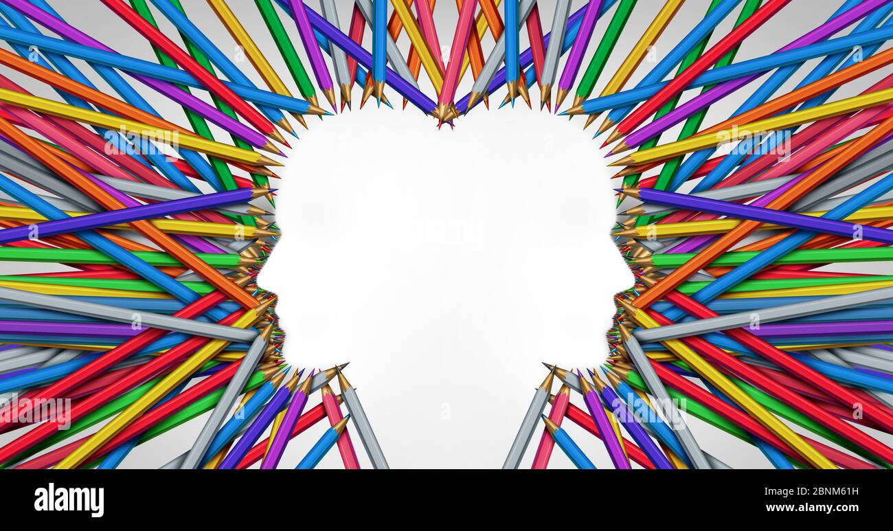 Concetto di pensiero creativo e di psicoterapia artistica come psicologia della terapia artistica per lo studio della funzione cerebrale umana e dell'intelligenza con un popolo. Foto Stock