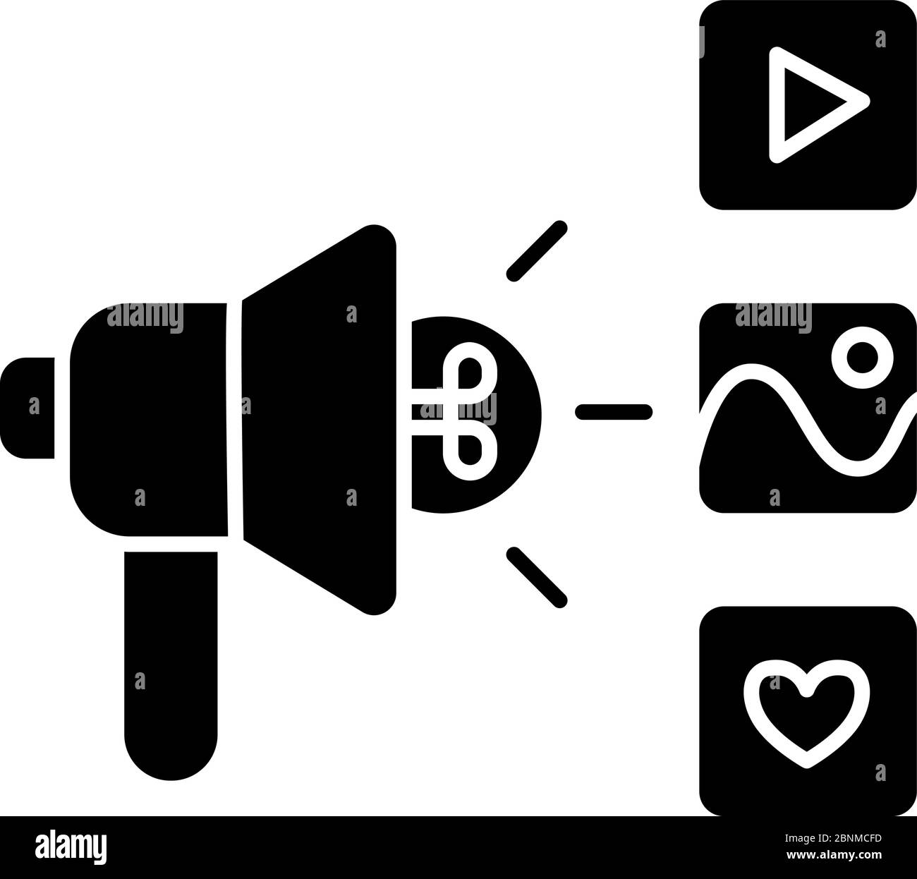 Icona glifo nero campagna. Annuncio della promozione sui social media. Gestione multimediale, condivisione delle informazioni. Trasmissione virale. Simbolo di silhouette su spazio bianco. Illustrazione vettoriale isolata Illustrazione Vettoriale