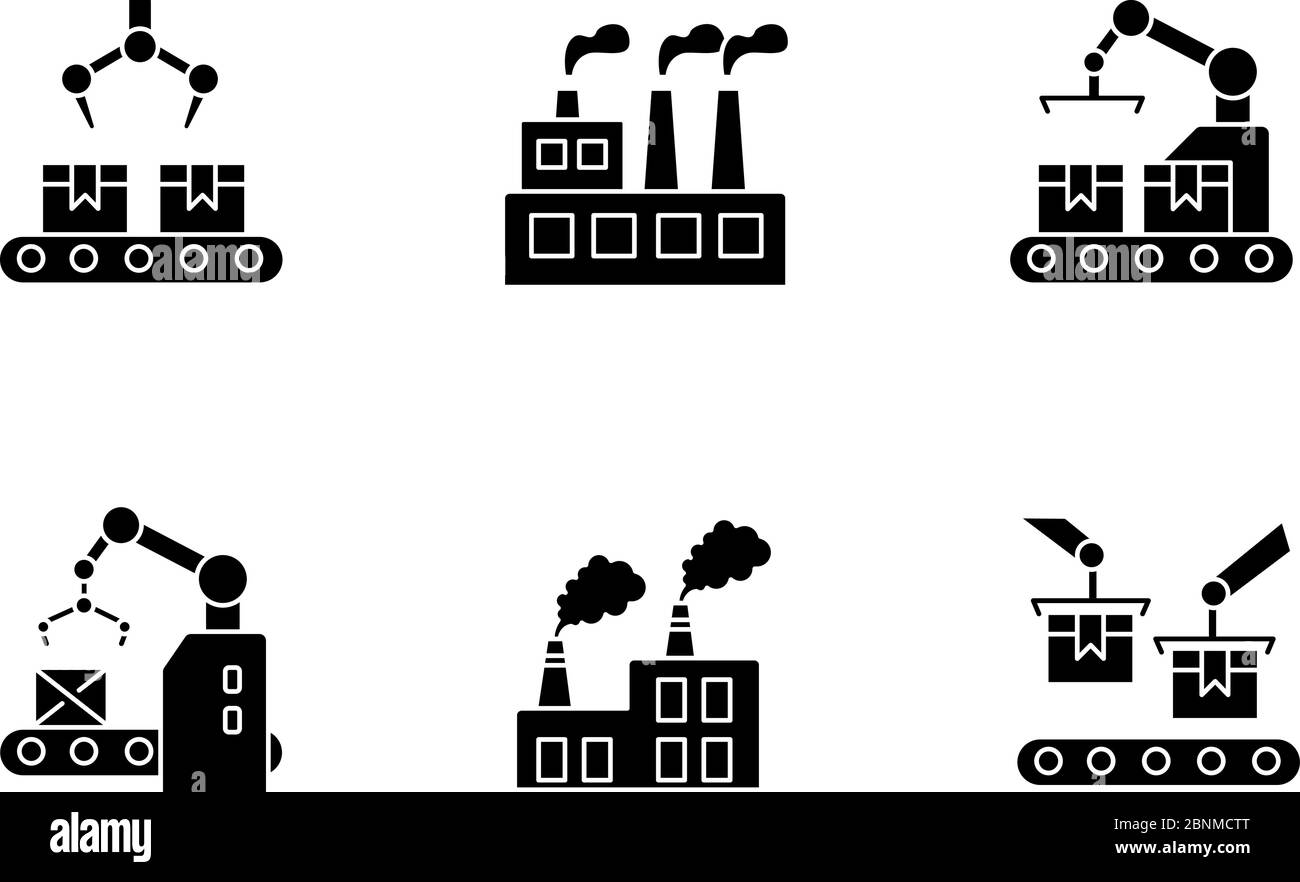 Produzione di fabbrica icone glifo nero impostato su spazio bianco. Nastro trasportatore per impianti con scatole. Imballaggio automatizzato in fabbrica. Processo di fabbricazione dello stabilimento. Simboli di silhouette. Illustrazione vettoriale isolata Illustrazione Vettoriale