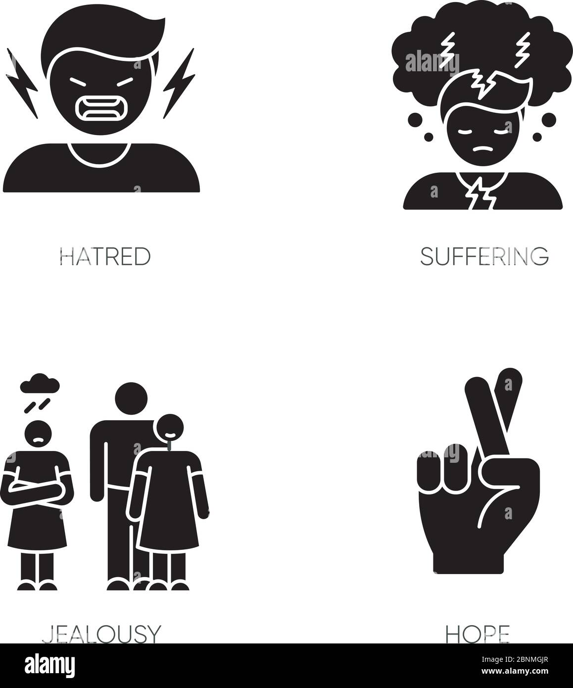 Problema psicologico glifo nero icone impostato su spazio bianco. L'uomo grida di odio. Soffre di malattie mentali. Speranza e credenza. Aiuto psicologico. Simboli di silhouette. Illustrazione vettoriale isolata Illustrazione Vettoriale