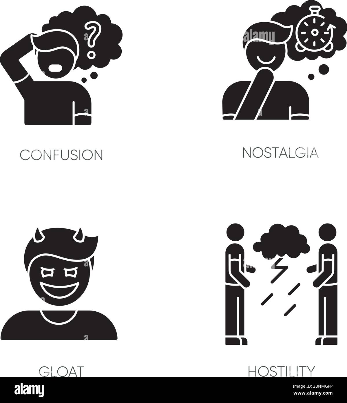 Icone glifo nero di atteggiamento umano impostate su spazio bianco. L'uomo pensa in confusione. La persona prova nostalgia. Ostilità e atteggiamento di aggressione. Simboli di silhouette. Illustrazione vettoriale isolata Illustrazione Vettoriale