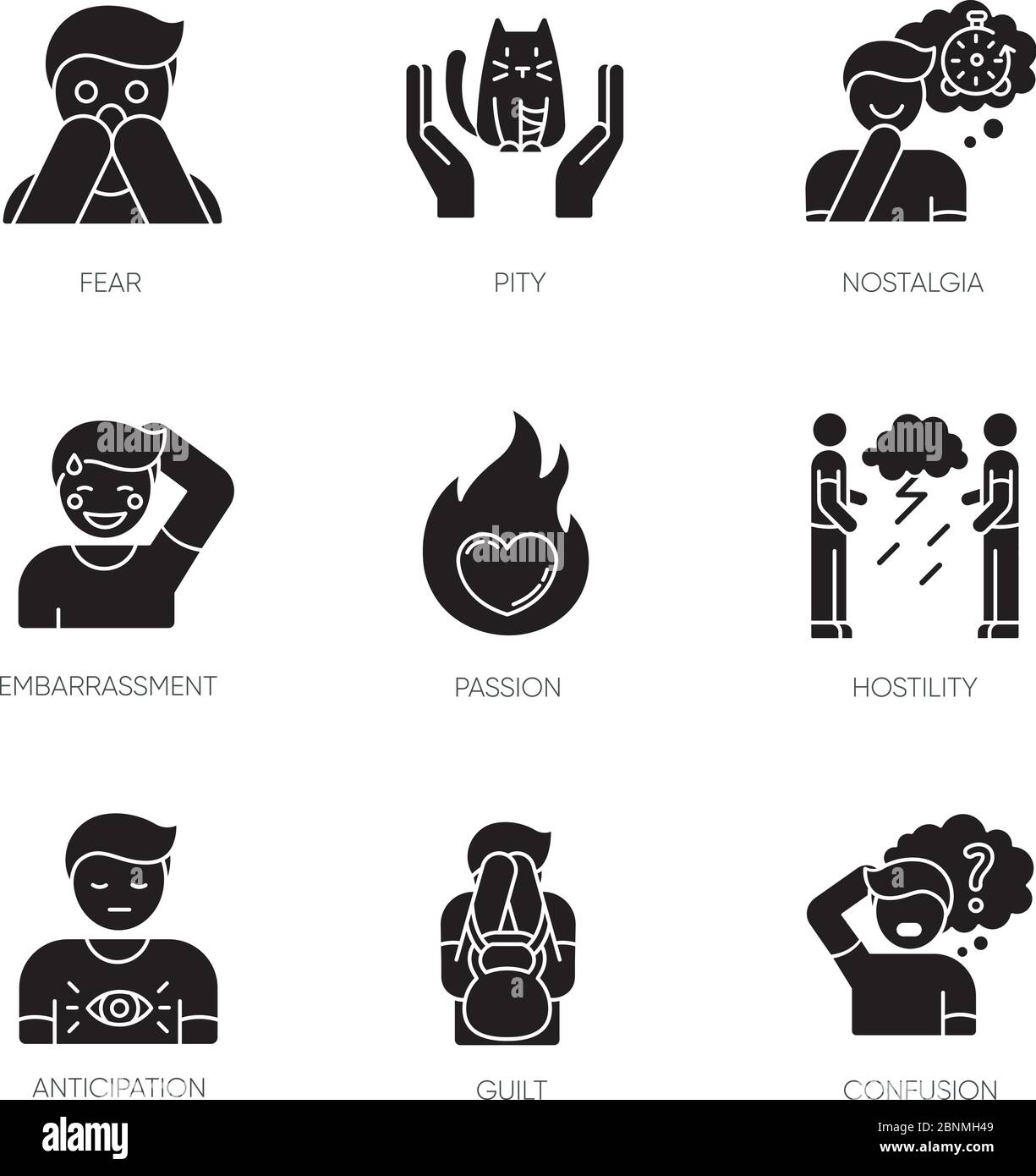 Emotion glyph icone nero impostato su spazio bianco. Paura di fobia. Sentimenti umani. Trattamento psicologico. Stato mentale. Atteggiamento positivo. Attacco di panico. Simboli di silhouette. Illustrazione vettoriale isolata Illustrazione Vettoriale