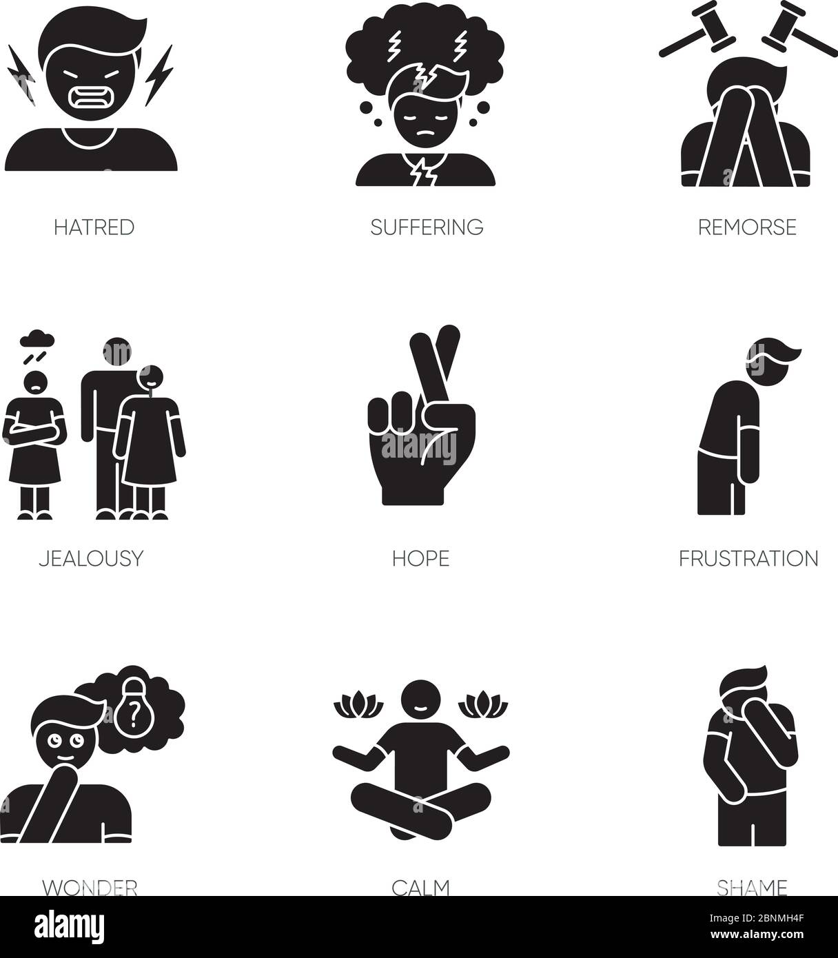 Icone glifo nero sullo spazio bianco. Emozione sociale e morale. Trattamento di disturbo psicologico. Atteggiamento positivo. Problema di salute mentale. Simboli di silhouette. Illustrazione vettoriale isolata Illustrazione Vettoriale