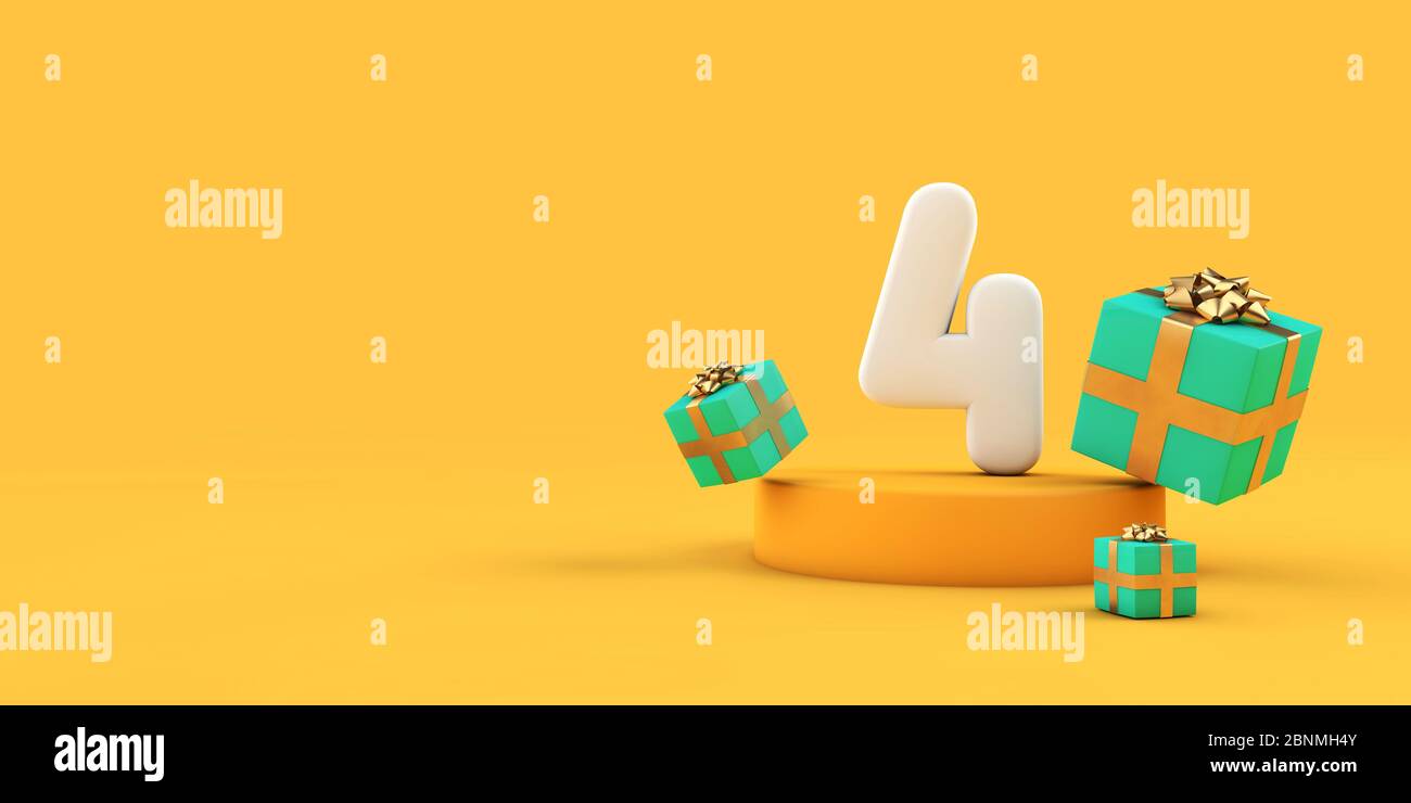 Felice numero di 4° compleanno e regali su un podio giallo. Rendering 3D Foto Stock