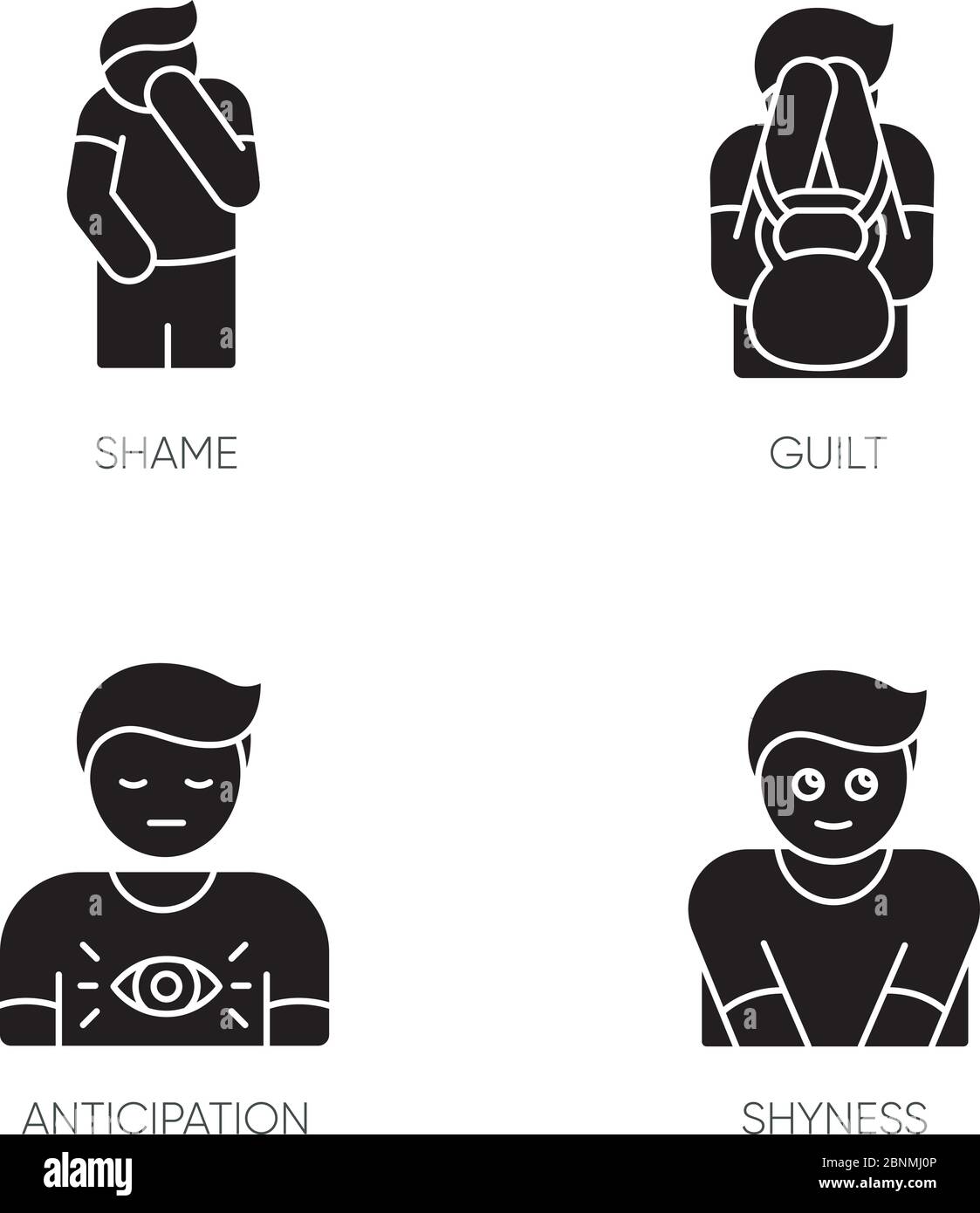 Comportamento umano icone glifo nero impostate su spazio bianco. Sensazione di vergogna. Uomo con colpa di sé. Emozione sociale della colpa. Sintomo di abuso psicologico. Simboli di silhouette. Illustrazione vettoriale isolata Illustrazione Vettoriale
