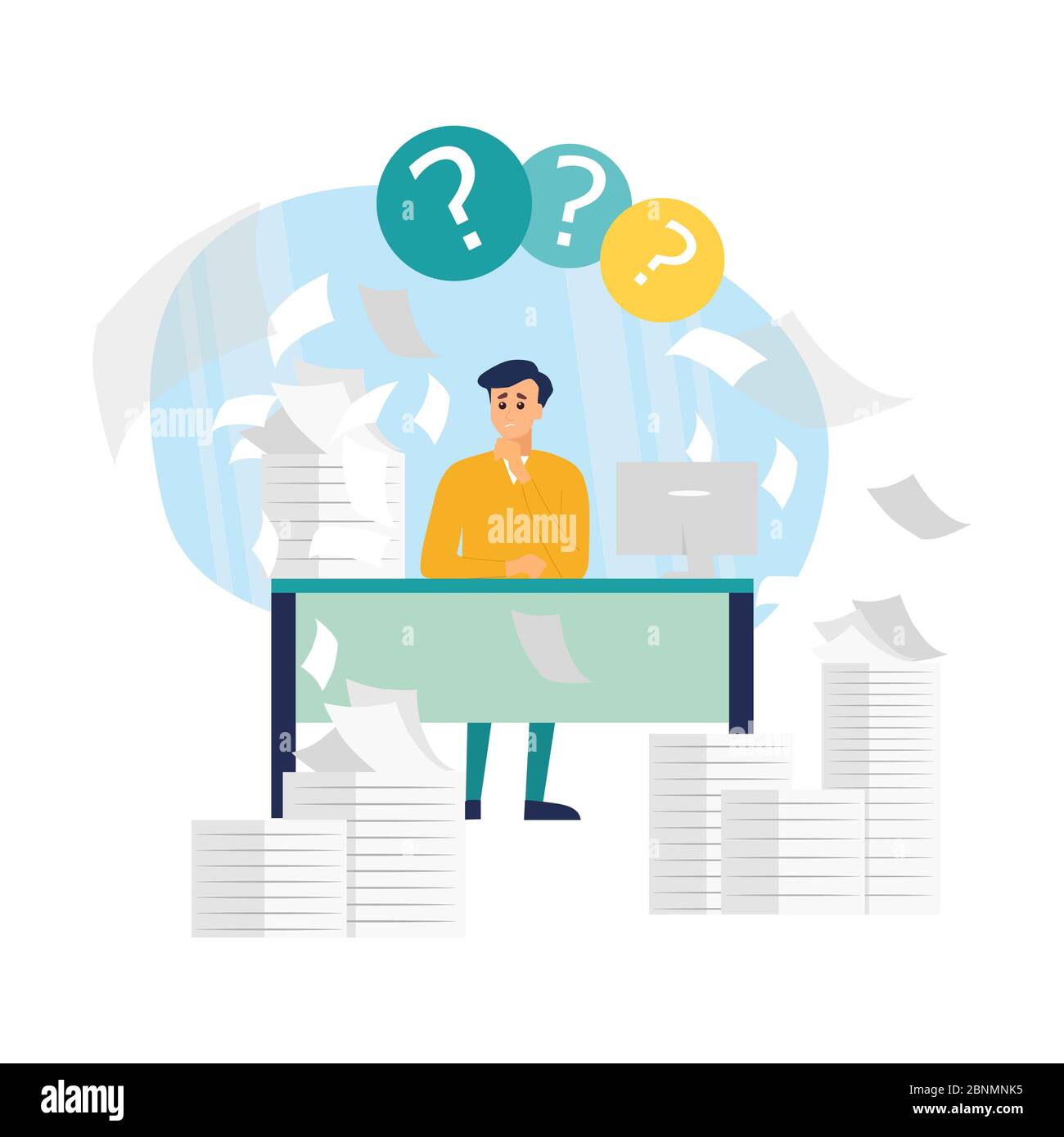 Vettore occupato ritmo vita cartoon piano. Man chiede aiuto per lo scaricamento delle attività di lavoro. La mancanza di tempo e le forze di distribuzione scadenti portano a un lavoro non produttivo. Per Foto Stock