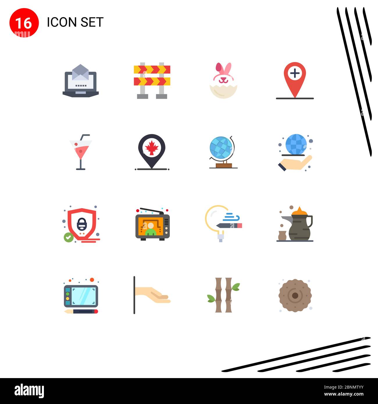 16 concetto di colore piatto per i siti web Mappa mobile e delle applicazioni, bevande, robbit, Beach drink, location Editable Pack of Creative Vector Design Elements Illustrazione Vettoriale