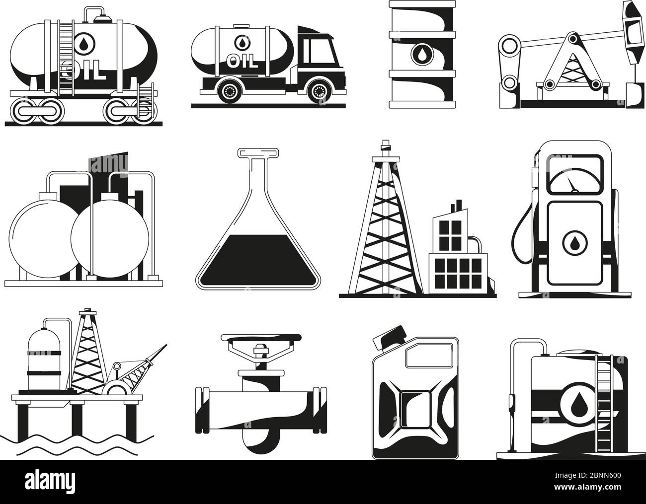 Set di icone monocromatiche nere per l'industria petrolifera Illustrazione Vettoriale