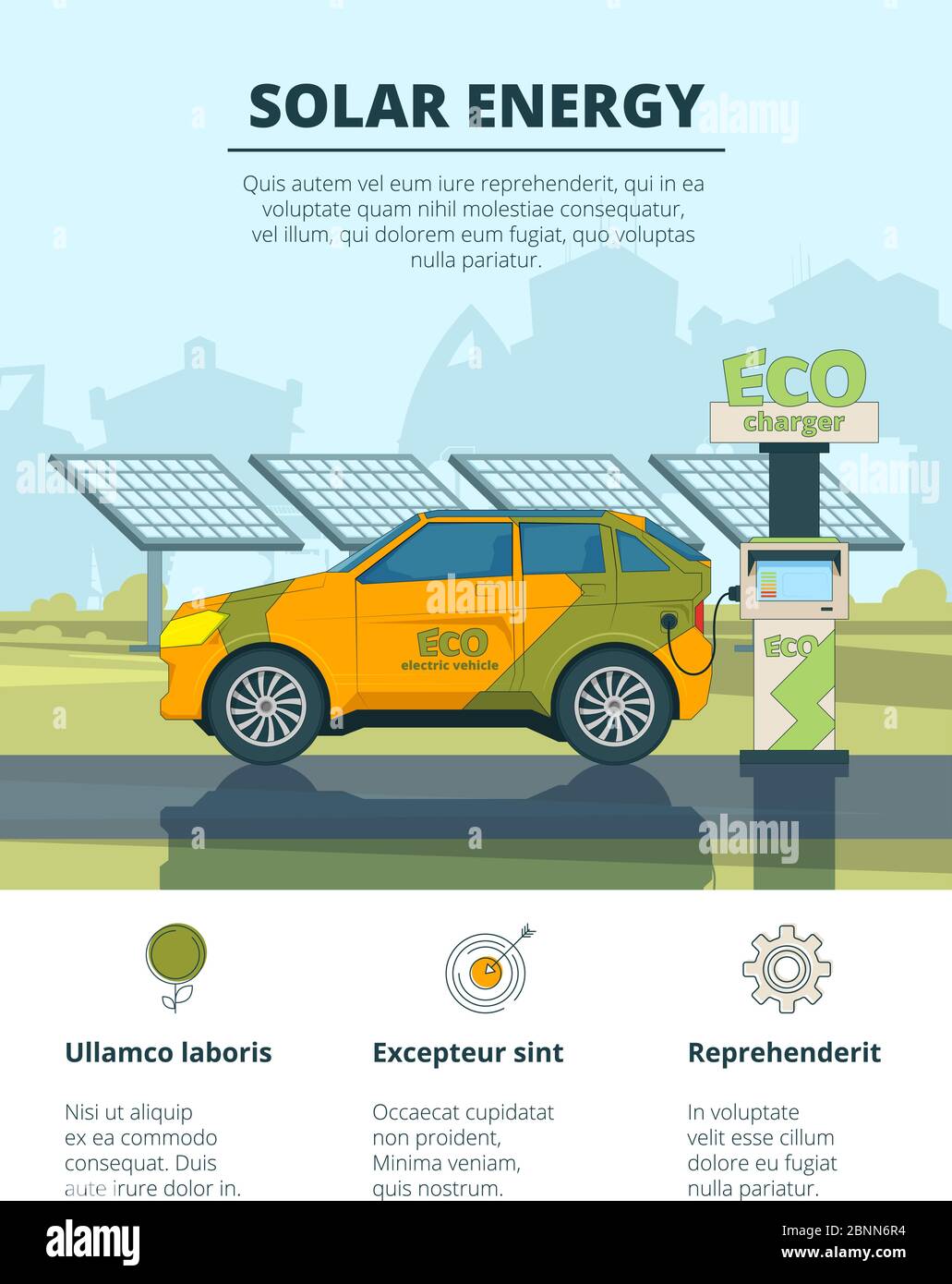 Infografiche di automobili elettriche. Eco immagini concettuali con automobili elettroniche Illustrazione Vettoriale