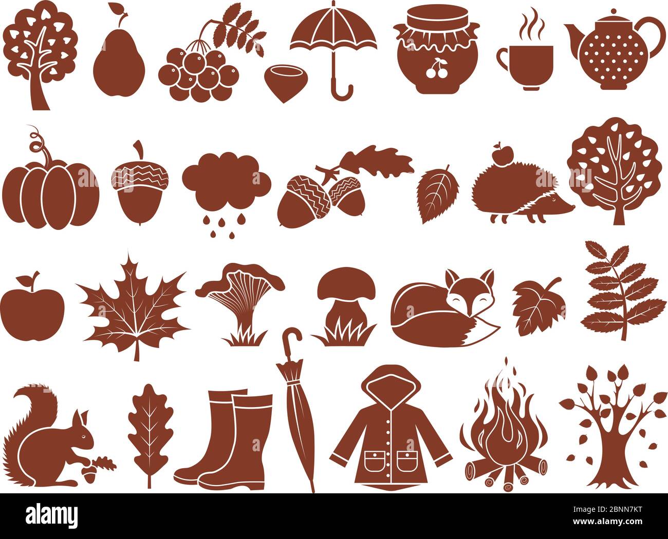 Silhouette di simboli autunnali. Icone monocromatiche serie di autunno Illustrazione Vettoriale