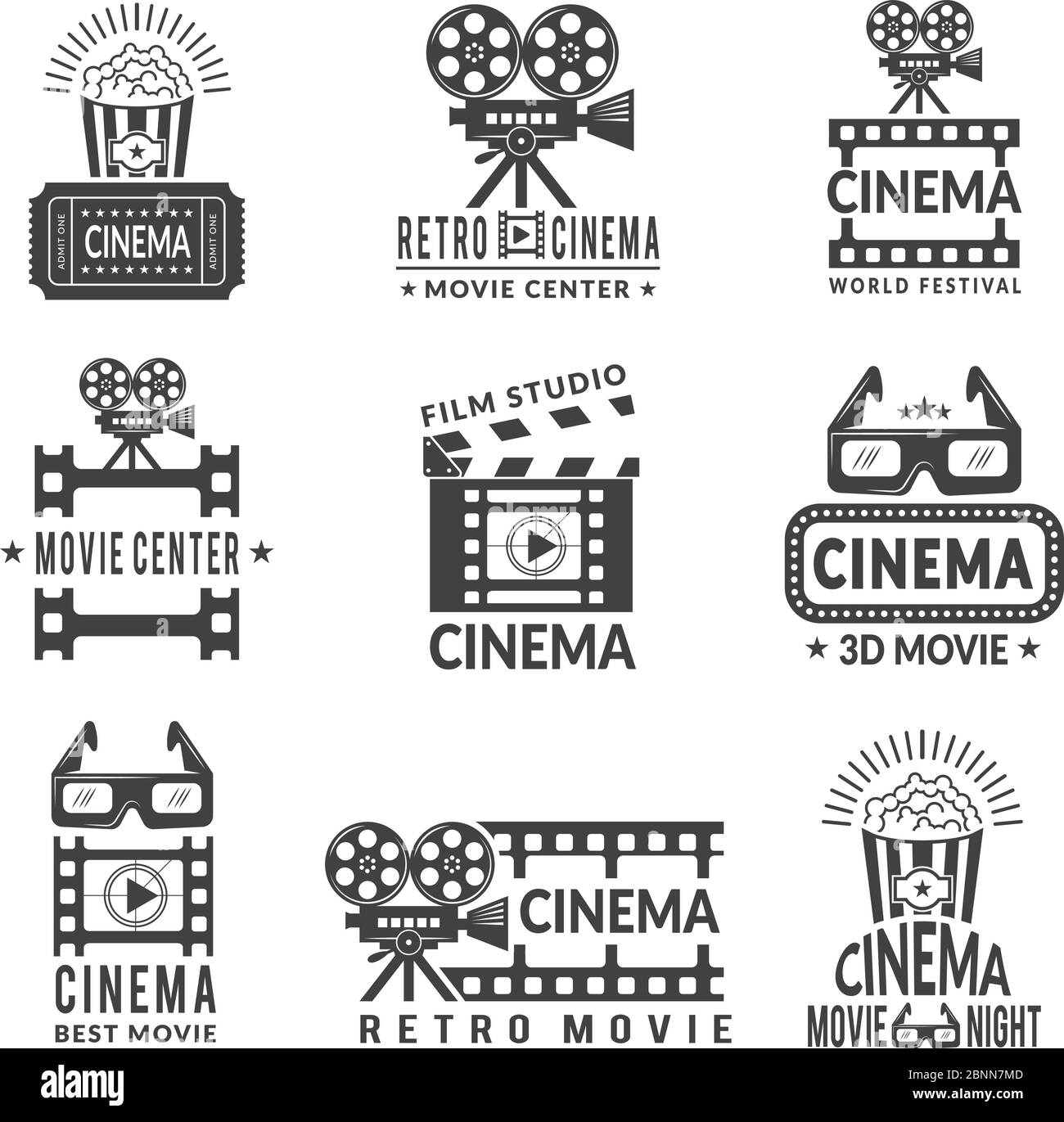 Set di etichette video. Badge per la produzione cinematografica in stile monocromatico Illustrazione Vettoriale