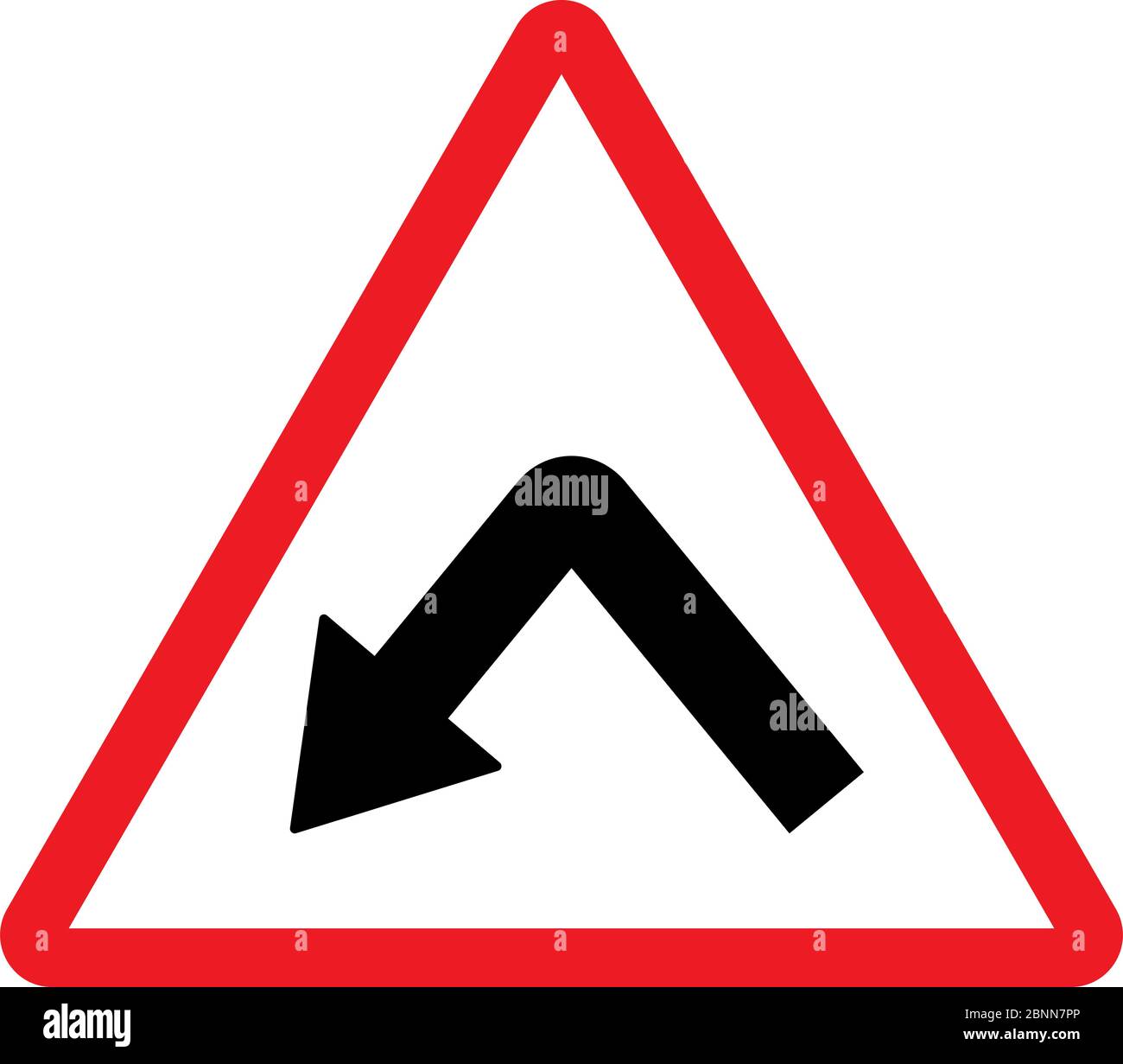 Curva stretta verso il segnale stradale sinistro. Sfondo rosso triangolare. Illustrazione Vettoriale