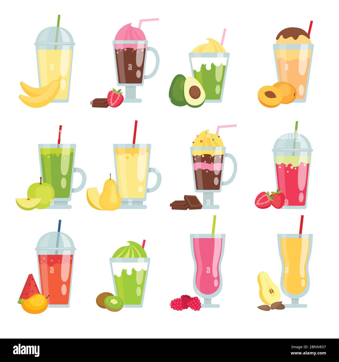 Frullato estivo. Varie immagini di succo di frutta e frullato Illustrazione Vettoriale