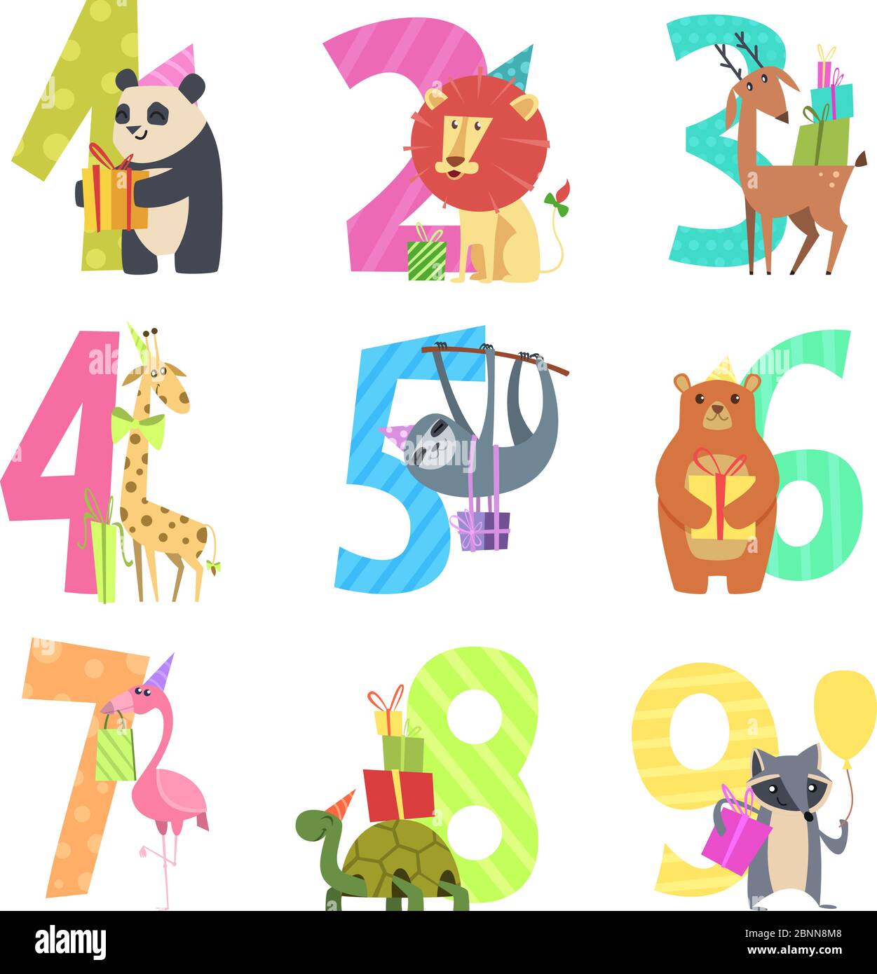 Numero di compleanni animali. Festa divertente invito per bambini celebrazione personaggi animali di zoo fauna selvatica vettore mascotte cartoon Illustrazione Vettoriale
