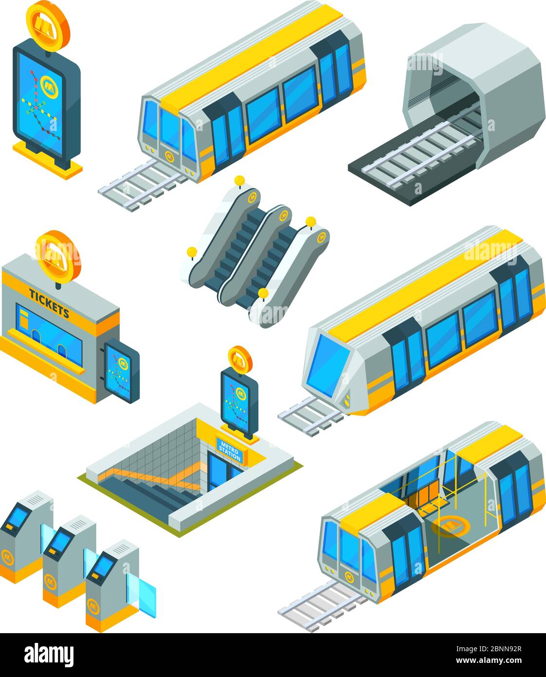 Elementi della metropolitana. Ingressi elettrici cancelli e cartelli tunnel ferroviario con scala mobile moderna stazione metropolitana immagini vettoriali isometriche 3d Illustrazione Vettoriale