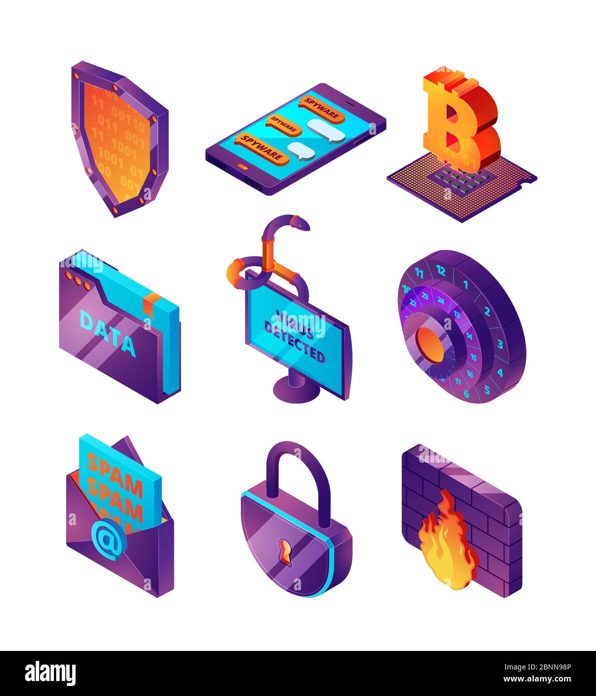 Protezione della rete 3d. Computer hacker web online bloccare le pagine di pesca e virus sicurezza vettore illustrazioni isometriche Illustrazione Vettoriale